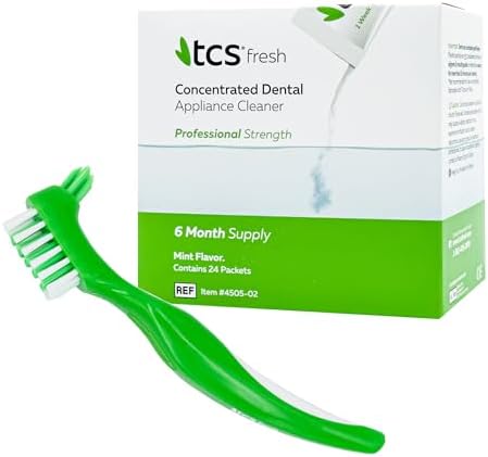 TCS Fresh Concentrated Dental Appliance Cleaner Set, Professional Denture and Retainer Cleaner Powder with Soft Bristle Brush (24 Packets, 6 Month Supply, Mint Flavor)
