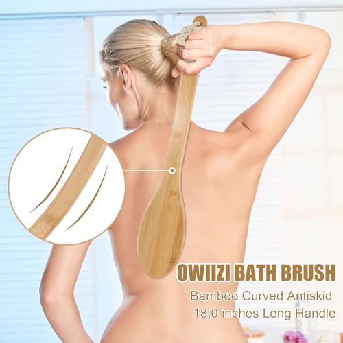 OWIIZI Back Scrubber Brush for Shower,Curved Extra Long Handle Bamboo Stiff Bristle Body Brush for Exfoliating,Natural Agave Stiff Sisal Shower Scrubber for Back Use Wet or Dry-17.9inches