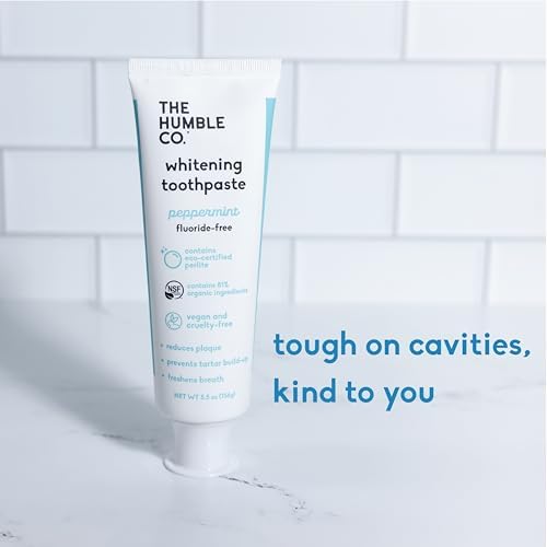 The Humble Co. Natural Whitening Toothpaste - Peppermint, Fluoride Free, Fresh Breath, Plaque Removal, Vegan & Cruelty Free, Non-Toxic SLS Free (5.5 oz, 2pk)