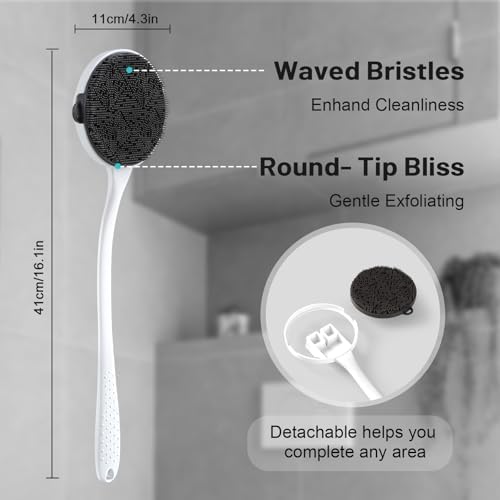 Silicone Back Scrubber for Shower, 2025 Upgrade 16 Inch Detachable Long Handle Body Brush, Loop Bristles Shower Brush for Exfoliating, Deep Cleansing for Men & Massage Can Produce Rich Foam