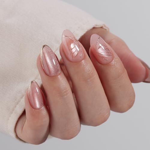 VSALON Press On Nails Short Almond - Pink Cat Eye Semi-Transparent Metallic Design Stick On Nails Kit for Women, Reusable Soft Gel Glue on Nails & Cuticle Oil, Tabs & Nail File - 32 PCS in 16 Sizes