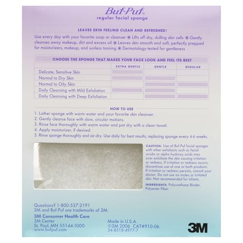 Buf-Puf Facial Sponge, Dermatologist Developed, Removes Deep Down Dirt & Makeup That Causes Breakouts and Blackheads, Reusable, Exfoliating, White, 4 Count