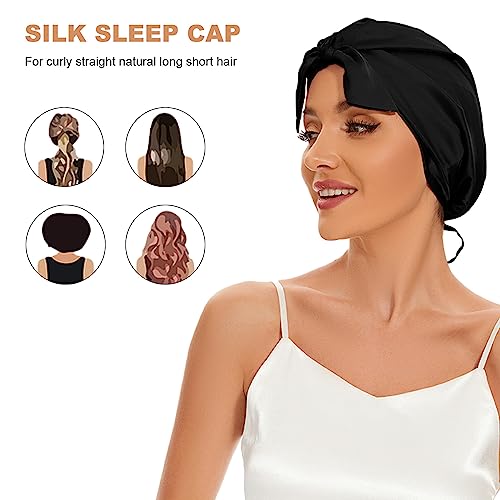 Natural 22 Momme 100% Mulberry Silk Bonnet for Sleeping, Soft Premium Grade 6A Silk Sleep Cap for Hair, Hair Wrap with Elastic Band (Black,1pc)