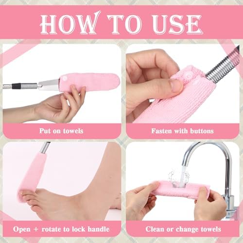 Toe Cleaning Brush Lotion Applicator for Feet with 6 Reusable Drying Covers Foot Cleaner with Telescopic Stainless Steel 16-30 Inch Handle Toe Scrubber for Elderly Disabled Men Women (Pink)