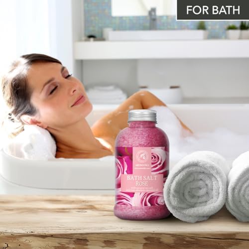 Rose Bath Salts 21.16 Oz - Natural Rosewood Oil & Rose Extract - Best for Relaxing - Good Sleep - Beauty - Bathing - Body Care - Wellness - Relax - Aromatherapy - Spa - De-Stress Bath Salts 600g