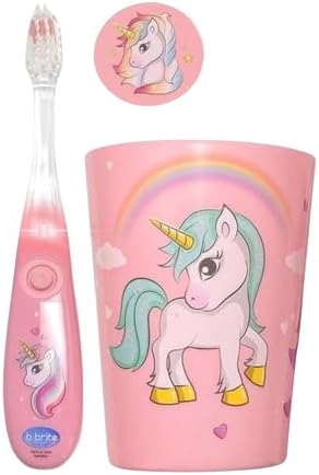 Lily's Home Kids Flashing Timer Toothbrush Kids with Soft Bristles, Rising Cup & Cover - Fun 2-Min Light-Up Brushing for Children - Toddler Soft Toothbrush Kit (Unicorn)