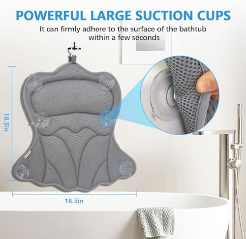 REEZEIVI Bath Pillows for Tub,Bath Pillow with 6 Non-Slip Suction Cups,Soft 4D Mesh Fabric,Bathtub Pillows for Tub Neck and Back Support,Extra Thick Luxury Bathtub Pillows,Grey
