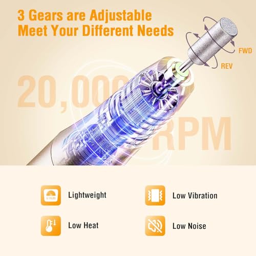 Professional Nail Drill Kit, Electric Nail File for Acrylic/Gel Nails,12 Bits, Adjustable Speeds, Portable Cordless Electric Nail Tools for Home & Salon Use