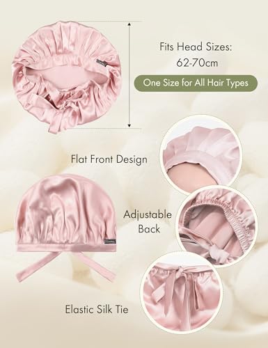 LilySilk 100% Mulberry Silk Bonnet, Silk Night Sleep Cap Adjustable Hair Wrap for Sleeping, Rosy Pink