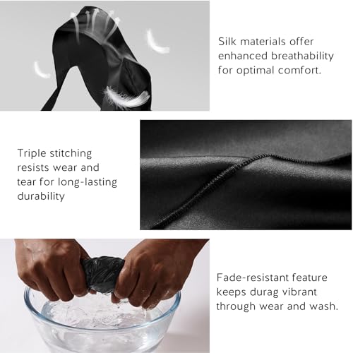 YFONG 100% 22 Momme Mulberry Silk Durags for Men Women, Extra Long Strap Silky Durag, Breathable and Soft Do Rag for 360 Waves, Perfect for Nourishing Your Hair and Fashionable Outfits, 1Pc, Black