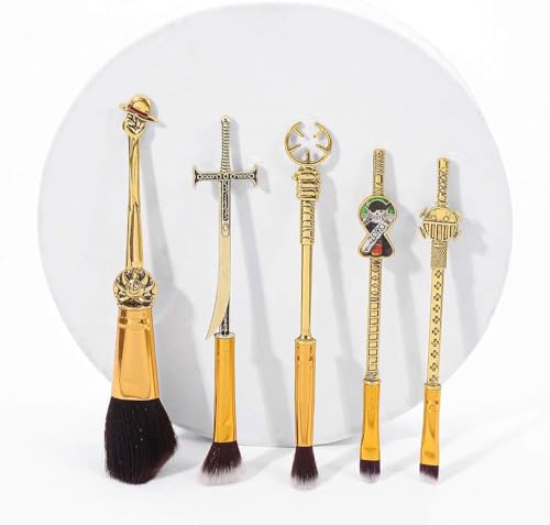 Set Of 5 One Piecess Anime Makeup Brushes - With Metal Handle, Velvet Gift Bag, Anime Peripheral, Birthday, Thanksgiving, Christmas, One Piece Fan Gift (Set)
