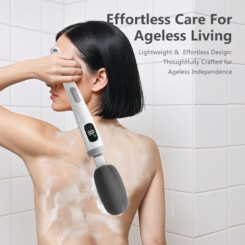 Electric Body Brush Back Scrubber for Shower - 3 in 1 Waterproof & Rechargeable with Long Handle, 3 Heads & 2 Speeds for Foam Generating, Cleansing, Exfoliating, Foot Callus Remover