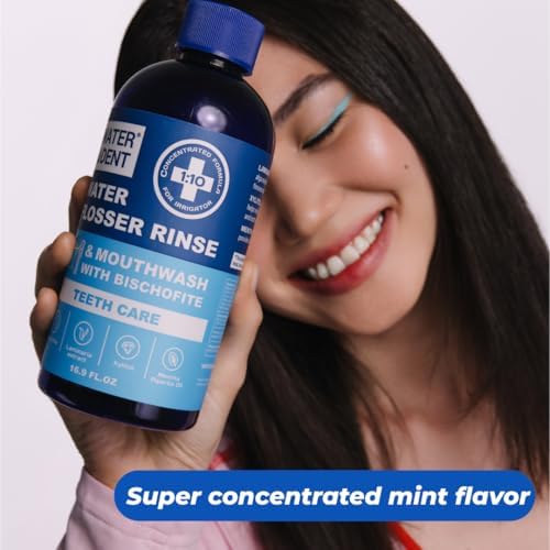 | Water Flosser Rinse, IRRIGANT, Concentrate Mouthwash | When dilluted1:10 = 44 fl.oz, Travel Size, Add to Oral irrigator, Mint Flavor, Alcohol & Fluoride Free. Made in USA | 4 fl.oz