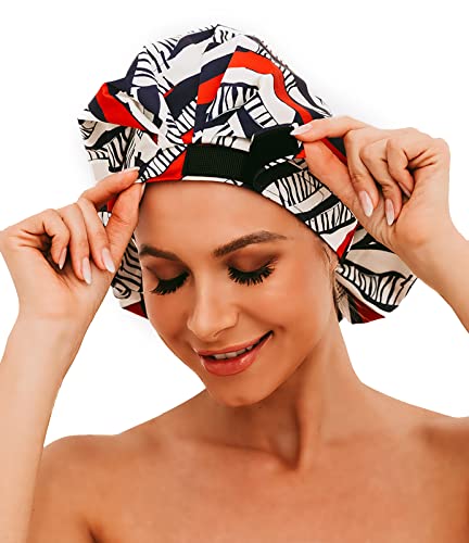 Womens Shower Cap for Long Hair Luxury Shower Cap For Dreadlocks, Braids, Curls, Locs, Curly Hair（Stripe）
