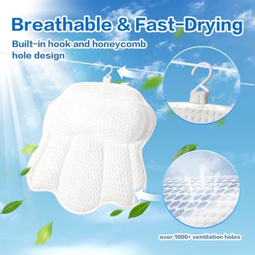 Non Slip Bath Pillows for Tub, 10 Enhanced Suction Cup Bath Pillow for Women Relaxing, Bath Tub Pillows for Head and Neck, Bath Pillow Luxury Bathtub Pillow, Spa Bathtub Pillow for Soaking Tub