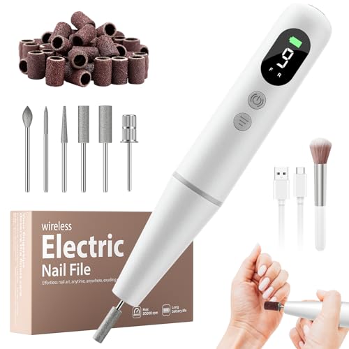 Electric Nail Drill Kit Professional - 9 Speed Cordless Electric Nail File with LED Display, Portable Nail Drill Machine for Acrylic Gel Nails, Hand Feet Trimmer Buffer Tool for Women Men Baby White