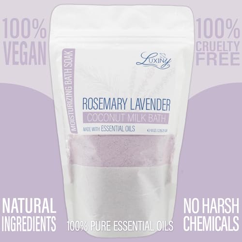 Vegan Milk Bath Soak Made with Moisturizing Coconut Milk Powder, Essential Oil, & Sweet Almond Oil for a Bath Bomb Dust Soothing Fizz & Relaxing Soak, 8 oz. (Rosemary Lavender)