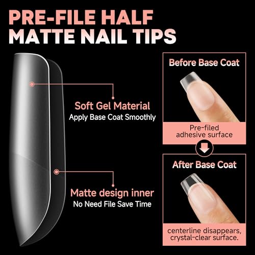 UNA GELLA Short Square Nail Tips Pre-buff Soft Gel Nail Tips Matte Square False Nails Tips Acrylic Full Cover 504Pcs 15Sizes Gelly Press On Nails Fake Nails Tips for Nail Extension DIY Salon