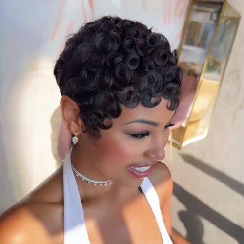 PangDongLai Chic Elegent Pixixe Cut Curly Wigs for Black Women Short Layered Pixie Cut Human Hair Wigs With Bangs Natural Black Color Summer No Glue Short Curly Human Hair Wig