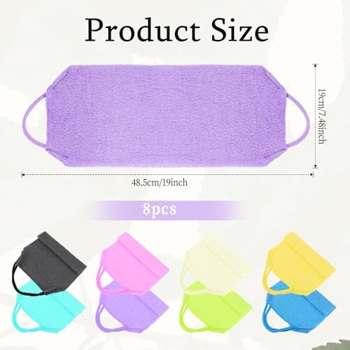 Giantree 8 Pack Exfoliating Back Scrubber with Handles, Back Scrubber Body Bath Pull Strap Scrubber, Nylon Stretchable Exfoliating Washcloth for Face Back Cleans Skin Massages Women Men