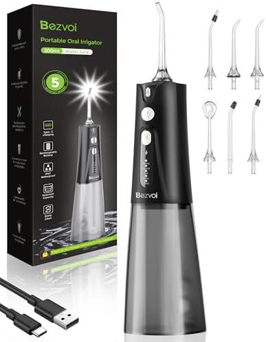 Water Flosser Teeth Pick: 5 Modes Cordless Water Dental Floss 300ML Portable Rechargeable IPX7 Waterproof Electric Water Flossing Cleaning Picks with 6 Jet Tips Oral Irrigator Cleaner, Black