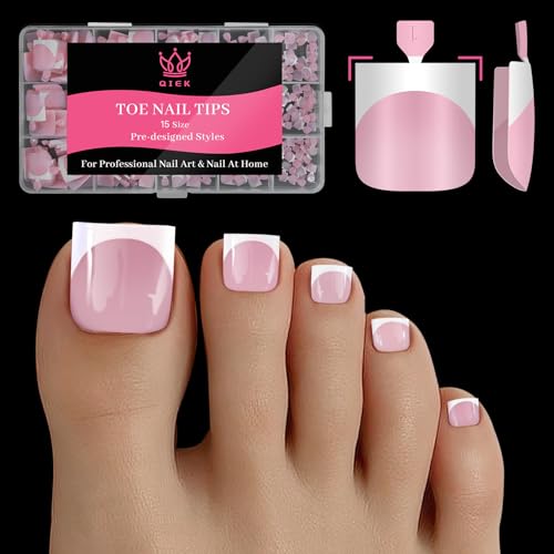 Press On Toenails for Women French Tips, Sharp Square Pre-applied Primer & Base Coat Toe Nail Press Ons Baby Pink Full Cover Fake Tips Extension 15 Sizes 270 Pcs, Builder Nail Gel & Top Coat Required