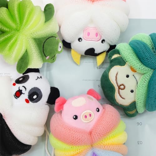 MURRI&MURRDI 4 Pcs Bath Poufs for Kids, Lovely Animal Body Scrubbers for Toddler, Exfoliating Child Bath Loofahs 55g (4 Cartoon)