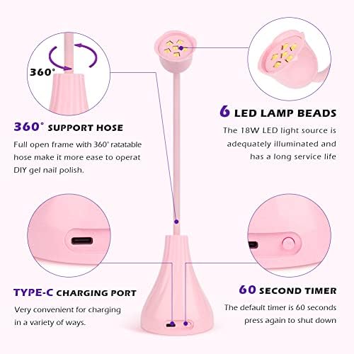 UV LED Nail Lamp, Portable Mini Nail Dryer, 360° Rotatable Hands Free Quick Gel Nail Light, Nail Polish Curing Lamp Flash Cure Light for Nails Great for DIY Home & Salon Manicure (Pink)