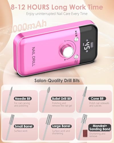 Portable Nail Drill Professional: 45000 RPM Rechargeable Electric Nail Drills Machine with 6 Bits, Drill para Uñas Profesional E File for Acrylic, Gel Nails, Manicure & Pedicure - Salon & Home Use