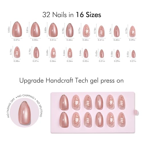 VSALON Press On Nails Short Almond - Pink Cat Eye Semi-Transparent Metallic Design Stick On Nails Kit for Women, Reusable Soft Gel Glue on Nails & Cuticle Oil, Tabs & Nail File - 32 PCS in 16 Sizes