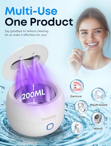 Ultrasonic Retainer Cleaner, 45kHz Denture Cleaner Machine with 3 Modes, 200ML Dental Cleaning Pod for Dentures, Mouth Guards, Aligner, Night Guard, Braces, Jewelry (White)