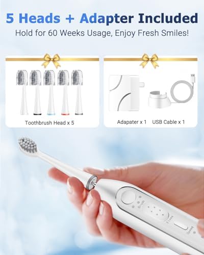 Electric Toothbrush with Water Flosser Combo 3 in One, Advanced 2.0 Flossing Toothbrush for Teeth Cleaning and Flossing, 5 Speed&3 Mode, 500ML Large Tank, Rechargeable, 5 Replacement Brush Heads-White