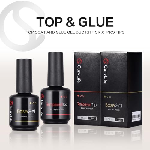 CurvLife 15ml No Wipe Top Coat Clear Glossy Gel Tips Base and 15ml Top Coat Set Soak off UV LED Drying Long Lasting Shiny nail gel polish