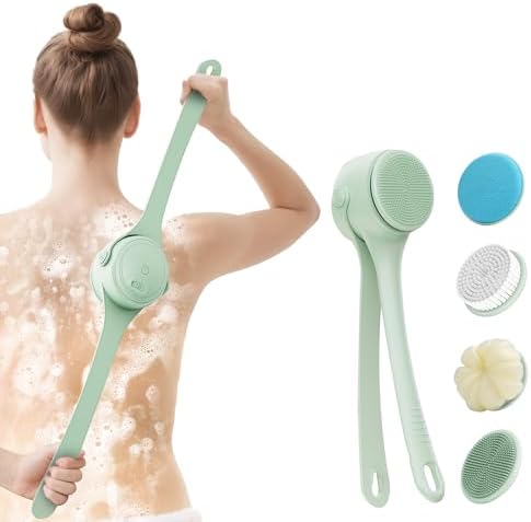 Electric Body Brush Back Scrubber for Shower – Waterproof Dual-Speed Bath Brush Long Handle with 4 Heads, Rechargeable Silicone Body Scrubber for Cleansing, Exfoliating and Massaging Skin Green