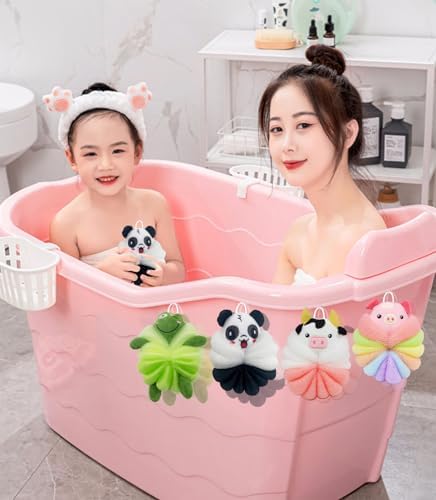 MURRI&MURRDI 4 Pcs Bath Poufs for Kids, Lovely Animal Body Scrubbers for Toddler, Exfoliating Child Bath Loofahs 55g (4 Cartoon)