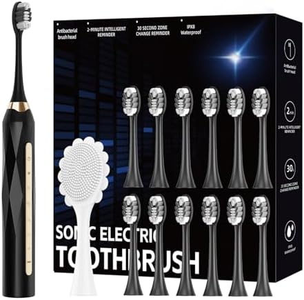 Electric Toothbrush Set, Equipped with 12 Brush Heads and 1 face Brush Head, IPX8 Waterproof, 42000 high-Frequency Vibration, Ultra Whitening Toothbrush for Adults,Black