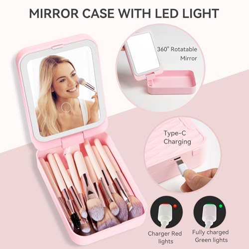 Trendy Teen Girl Gifts – Travel Makeup Brush Set with LED Light Mirror, Perfect Tween Birthday Gifts for Girls 11-16+ year old(Pink)