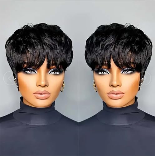 Pixie Cut Wig Human Hair Short Pixie Cut Wigs for Black Women Human Hair Glueless Pixie Wig Short Layered Brazilian Virgin Human Hair Wigs For Women Color 1B#
