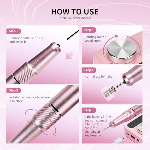 Professional Electric Nail Drill File,Cordless Portable Nail Drill 45000 RPM, Rechargeable Nail File Machine for Acrylic Nails Gel Polishing,Nail Kit for Manicure Salon Home（Pink）