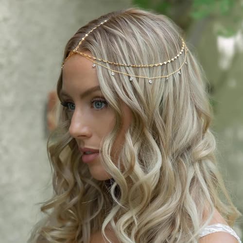 STONEFANS Rhinestone Head Chain Bride Headpiece Wedding Headbands Chain Layered Festival Prom Hair Accessories for Women