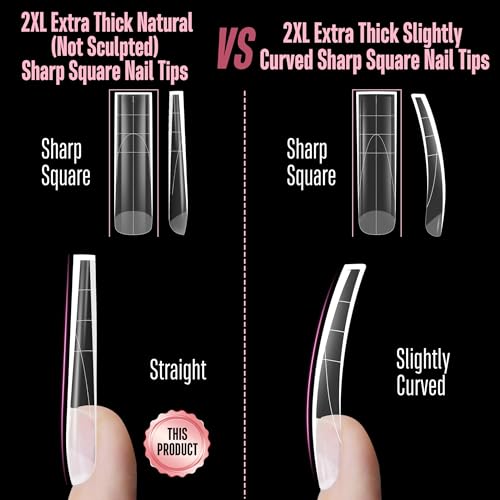XXL Sharp Square Natural (not Sculpted) Nail Tip, Extra Thick False Nails Press on, Full Cover Soft Gel Extension Fake Nail Acrylic kit with XL L M French Tip Auxiliary Line x 15 Size 180pcs