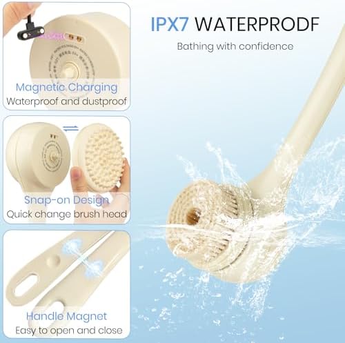 Electric Body Brush Back Scrubber for Shower, Auto Spinning Exfoliating Massage Bath Brush Rechargeable, Dual Long Handle, Deep Cleansing, Waterproof, Rotating Body Brushes with 5 Brush Heads