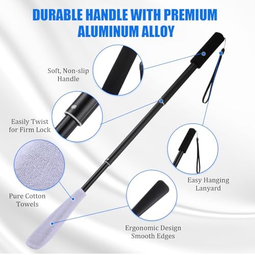 Sunnyray 2 Set Toe Cleaning Brush with Reusable Drying Covers Foot Cleaner with Telescopic Aluminum Alloy 12-24 Inch Long Handled Toe Lotion Applicator for Seniors Elderly Disabled Men and Women