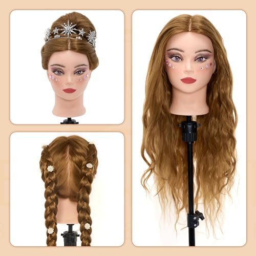 Mannequin Head with 60% Real Human Hair, 28 Inch Make up Cosmetology Manikin Practice Head with Hair,Braiding Hairdressing Doll Head for Hair Styling with Table Clamp + DIY Hair Styling Set