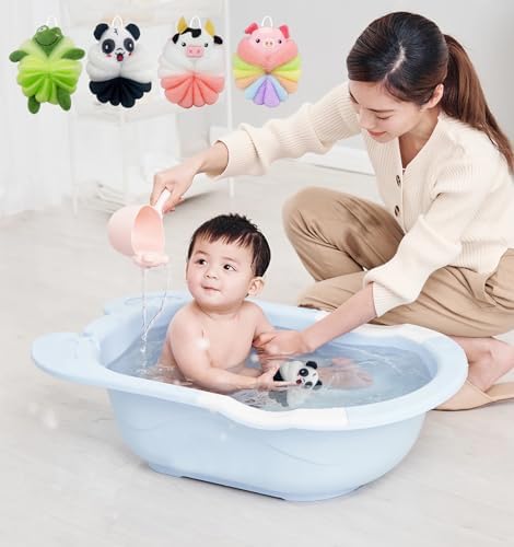 MURRI&MURRDI 4 Pcs Bath Poufs for Kids, Lovely Animal Body Scrubbers for Toddler, Exfoliating Child Bath Loofahs 55g (4 Cartoon)