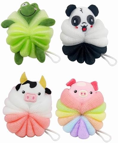 MURRI&MURRDI 4 Pcs Bath Poufs for Kids, Lovely Animal Body Scrubbers for Toddler, Exfoliating Child Bath Loofahs 55g (4 Cartoon)