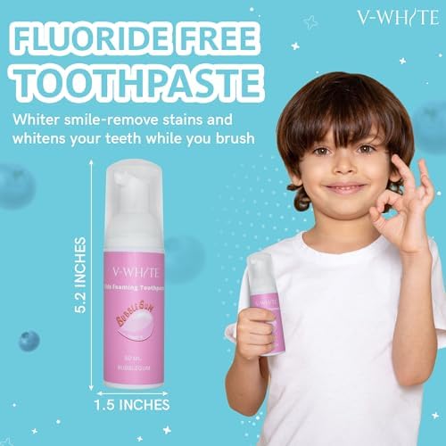 V-White Foam Teeth Whitening Toothpaste - Organic Toothpaste Fluoride Free, Alcohol Free, pH Balanced - Deep Cleansing, Stain Removal, Travel Friendly, for Kids & Adults (Large, Bubblegum)
