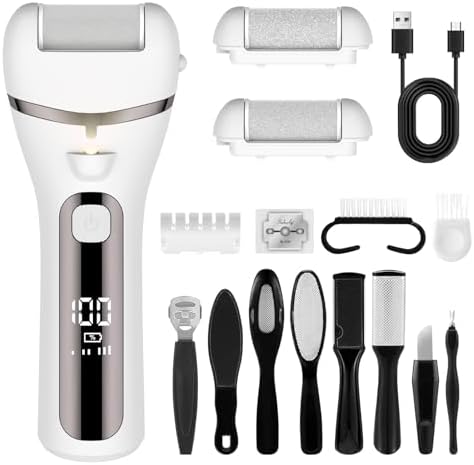 Electric Callus Remover for Feet with LED Display, 3 Roller Heads, 17-in-1 Rechargeable Pedicure Kit for Women & Men, Professional Foot File Tools for Hard, Cracked, Dry, Dead Skin (White)