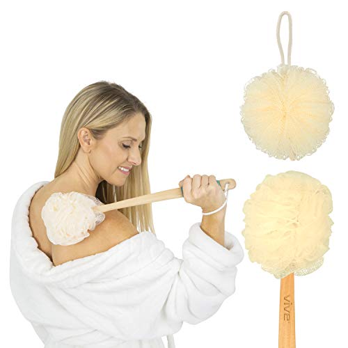 Vive 17” Shower Loofah with Long Handle - Exfoliating Back & Body Scrubber for Men & Women - Luffa Sponge on a Stick for Bathing, Cleaning - Includes Extra Handheld Lufa, Hook & String to Hang on Wall