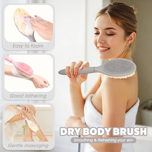 New Back Scrubber Anti-Slip for Shower, 18.9‘’ Adjustable Shower Back Scrubber with Dual-Side Head & Soft Bristles, Extra-Long Shower Brush Bath Brush for Lathering Cleansing(Gray-L)